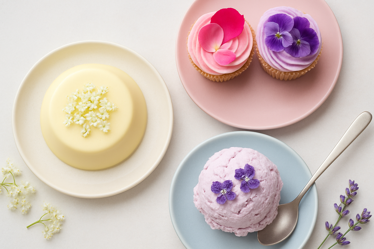 Finished edible flower desserts: panna cotta, cupcakes, and lavender honey ice cream