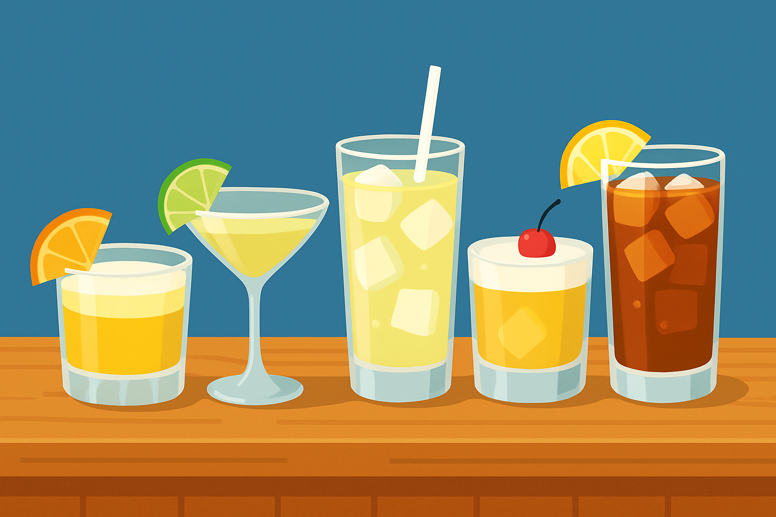 Classic cocktails made with sweet and sour mix showcasing vibrant colors and garnishes on a bar top