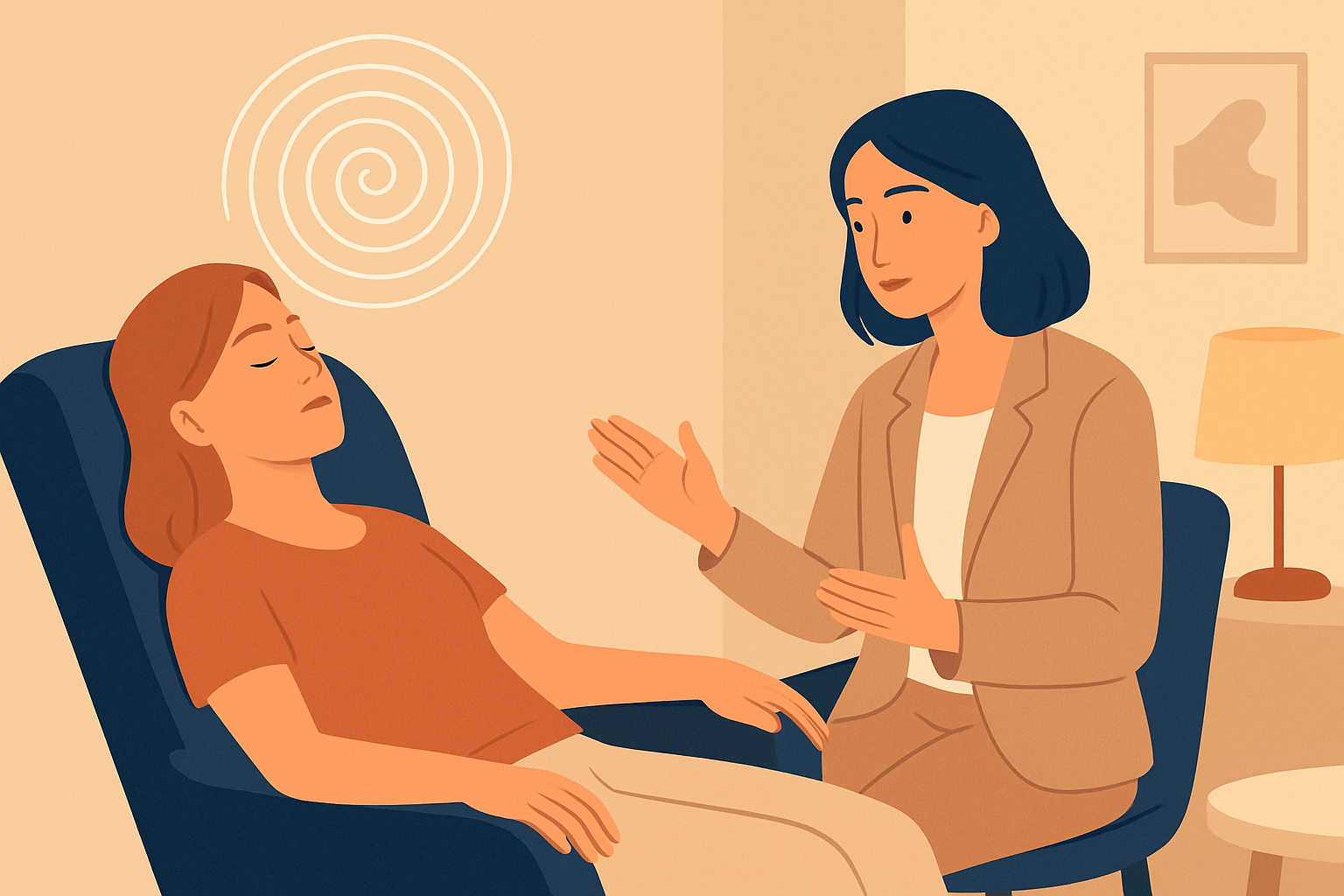 A hypnotherapist quietly guiding a relaxed client during a smoking cessation hypnosis session