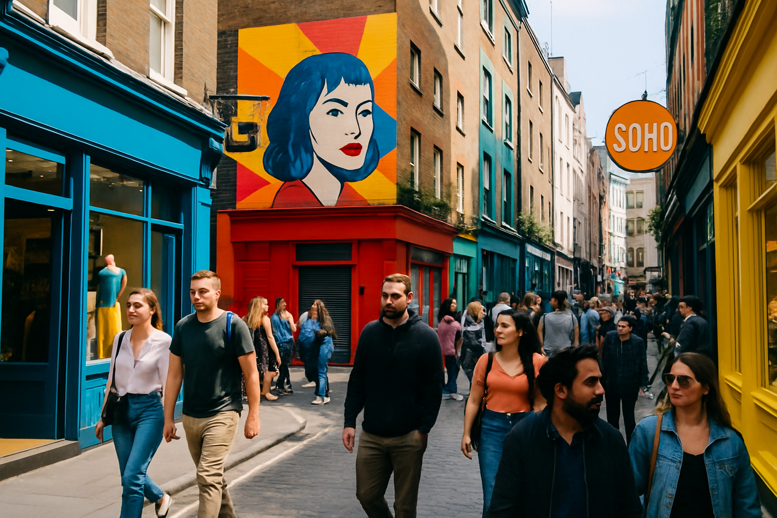 A vibrant Soho street capturing its eclectic charm and bustling atmosphere on a sunny afternoon