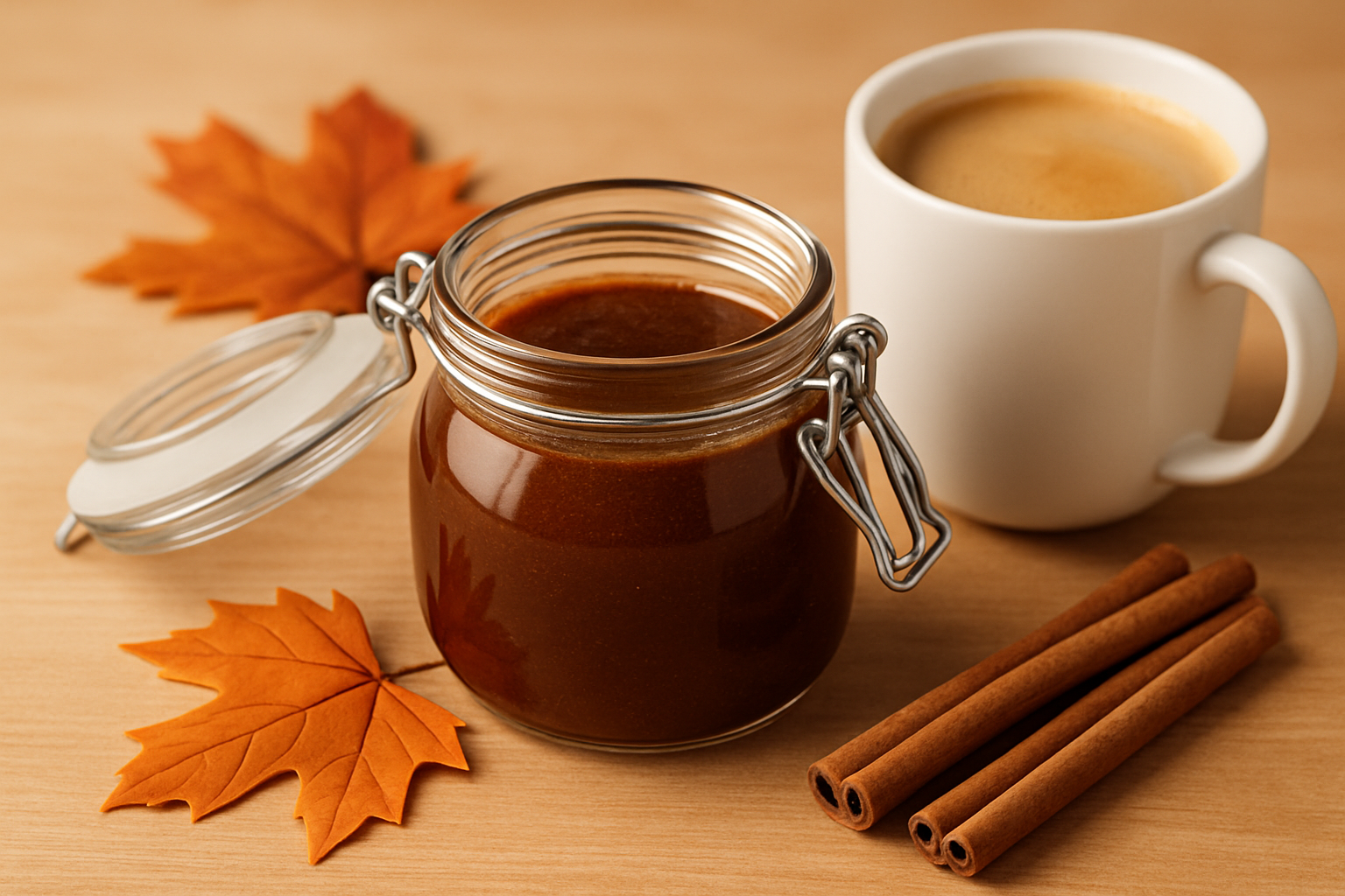 A jar of fresh homemade pumpkin spice syrup ready to enhance your autumn coffee drinks.