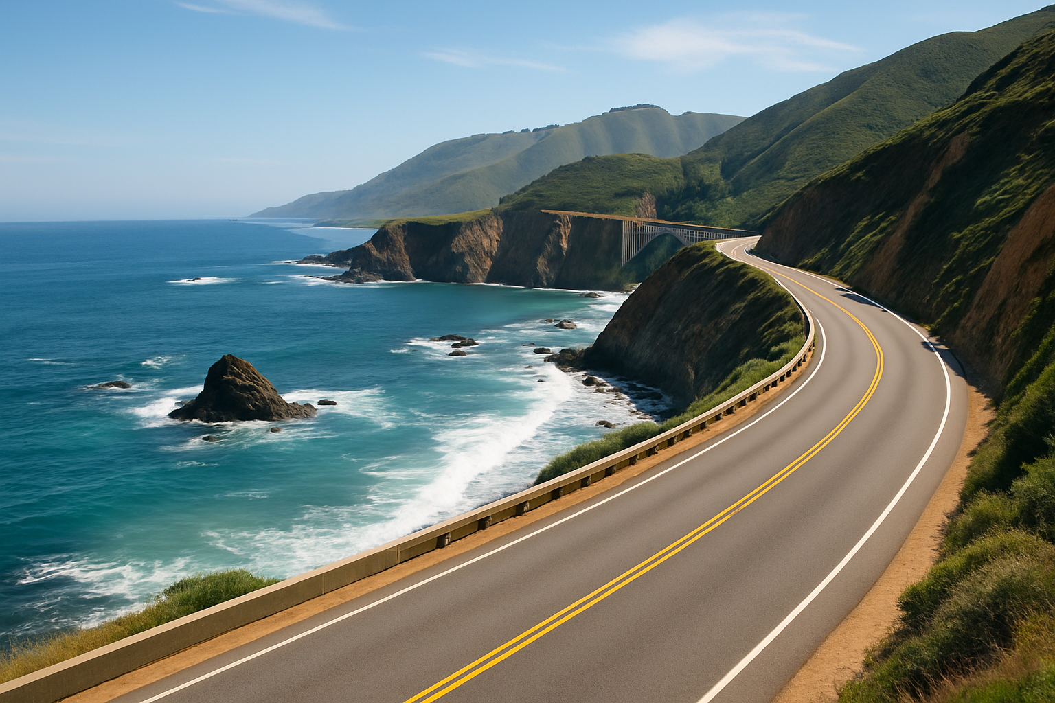 A scenic stretch of the Pacific Coast Highway showcasing the dramatic cliffs and ocean views