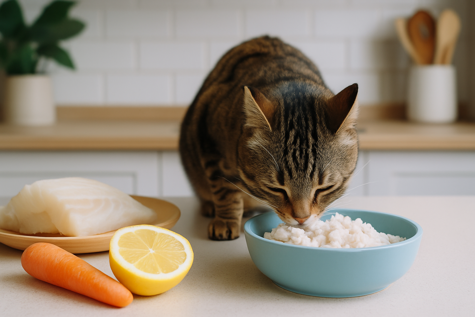 A healthy cat enjoying a freshly prepared homemade cod meal