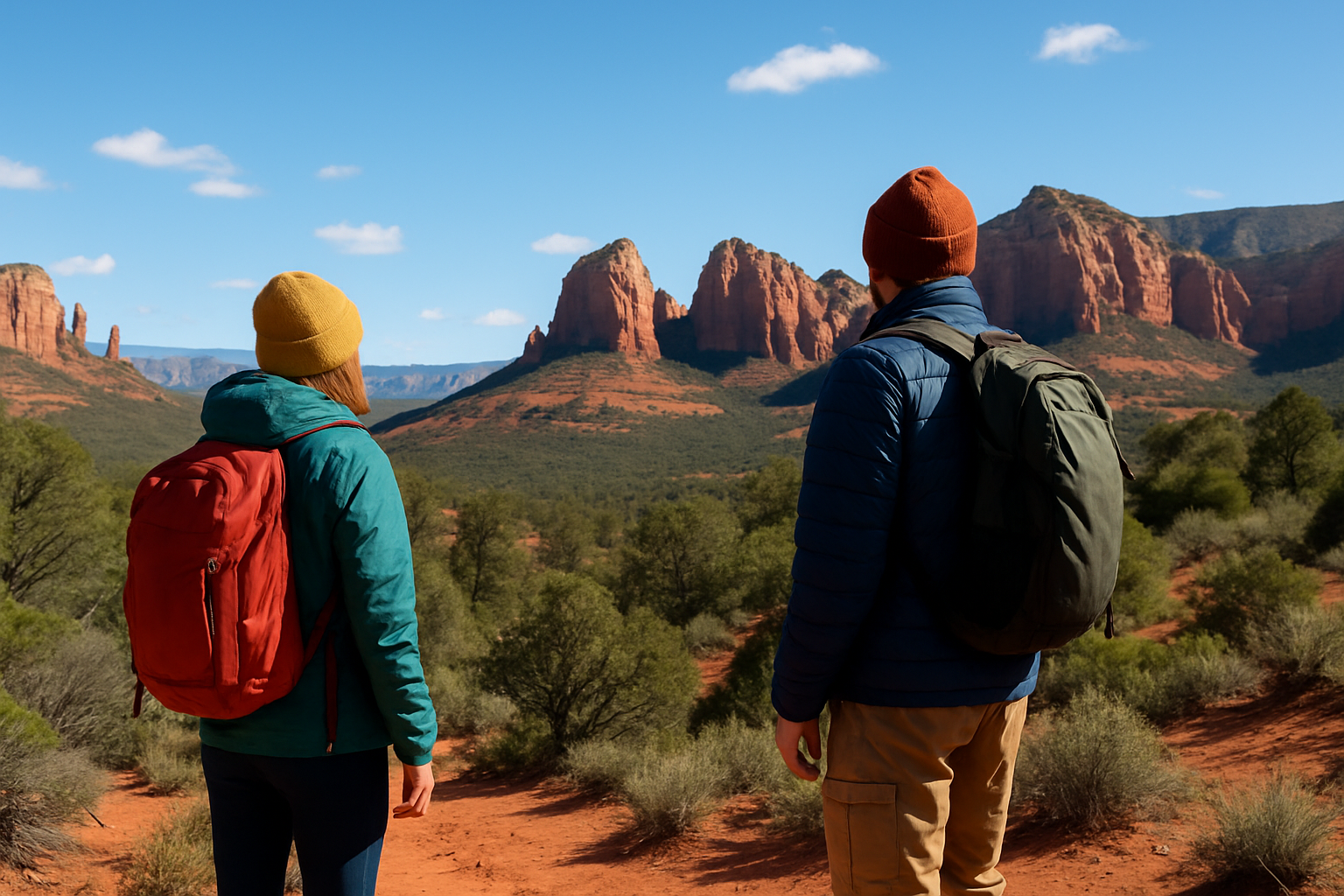 Hikers dressed in layered and season-appropriate clothing exploring Sedona’s iconic red rock landscape during spring.