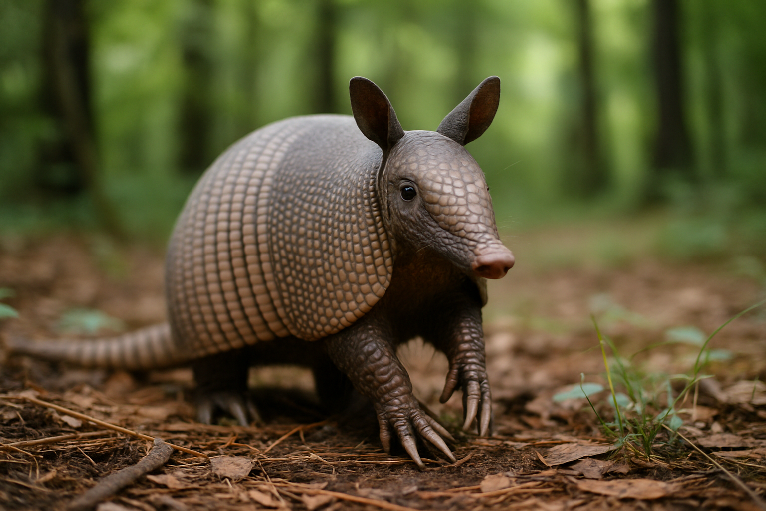 A nine-banded armadillo peacefully observed in its natural environment.