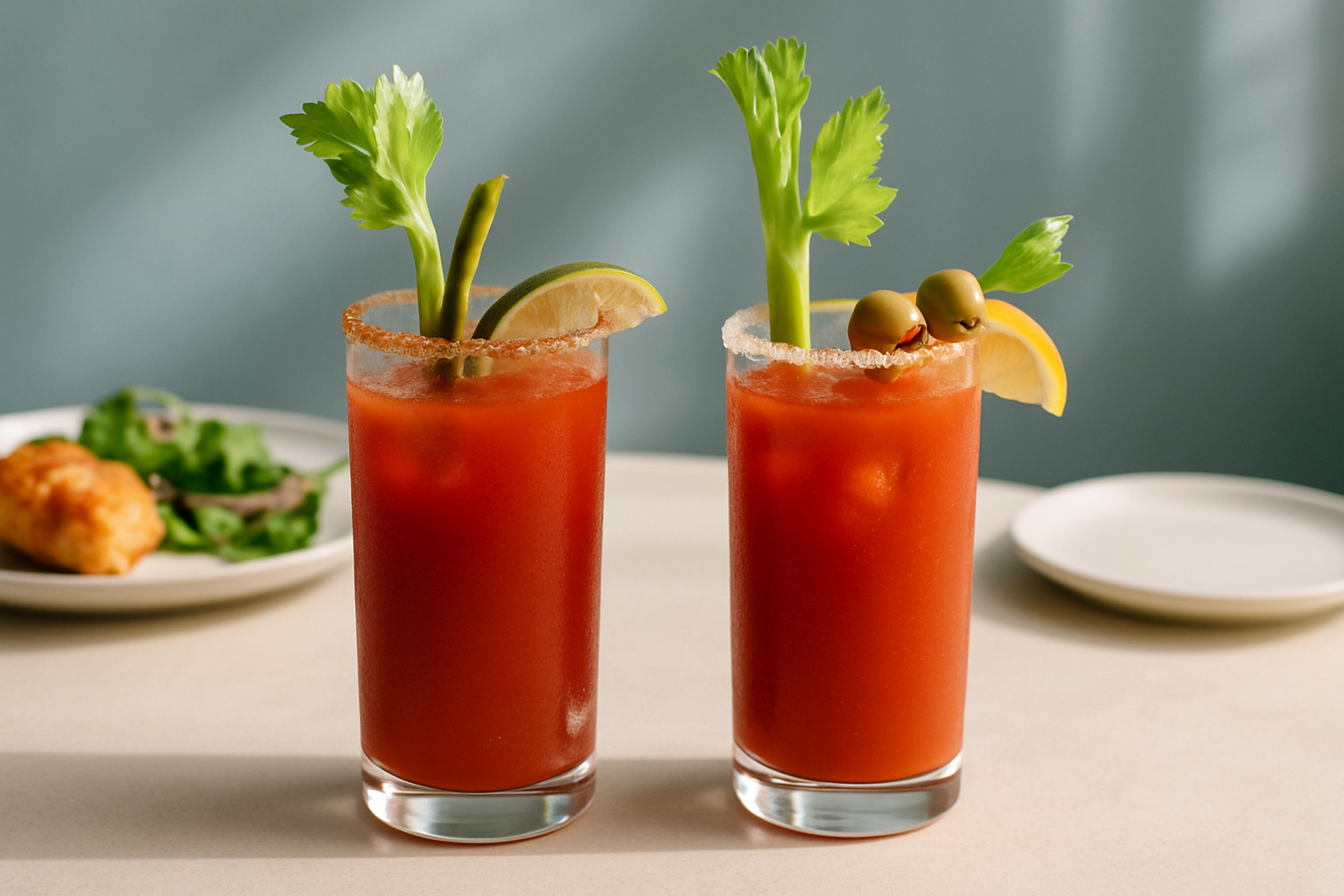 Visual comparison photo showing a classic Caesar and Bloody Mary side by side with garnishes and glassware.