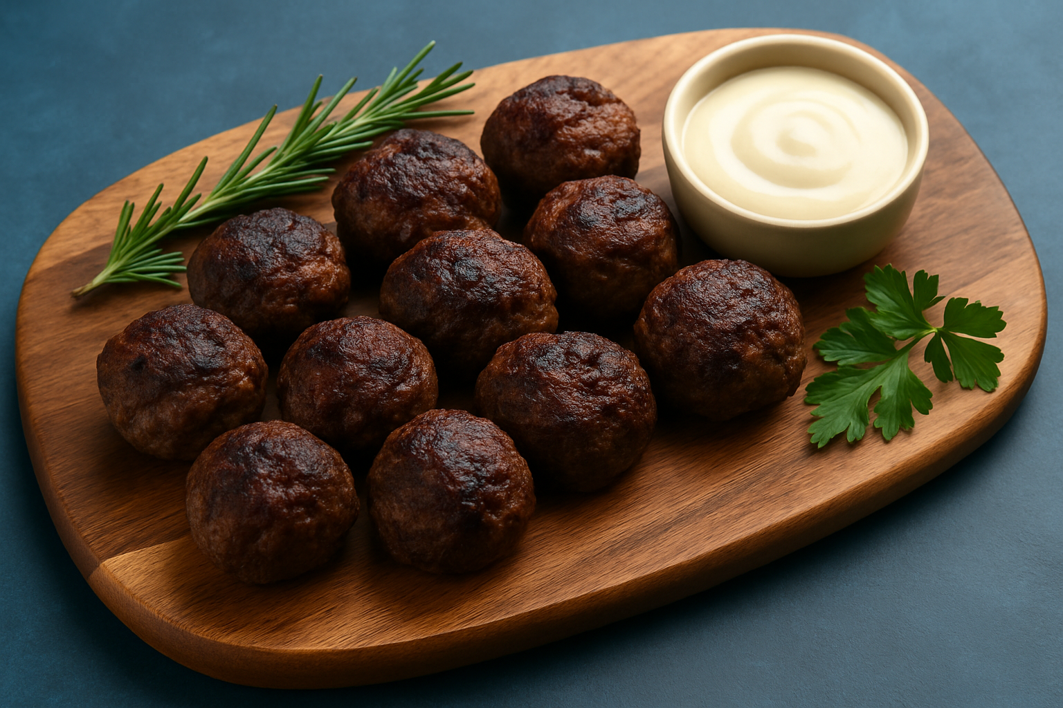 Delicious golden-brown moose meatballs garnished with fresh herbs and served with a complementary dipping sauce.