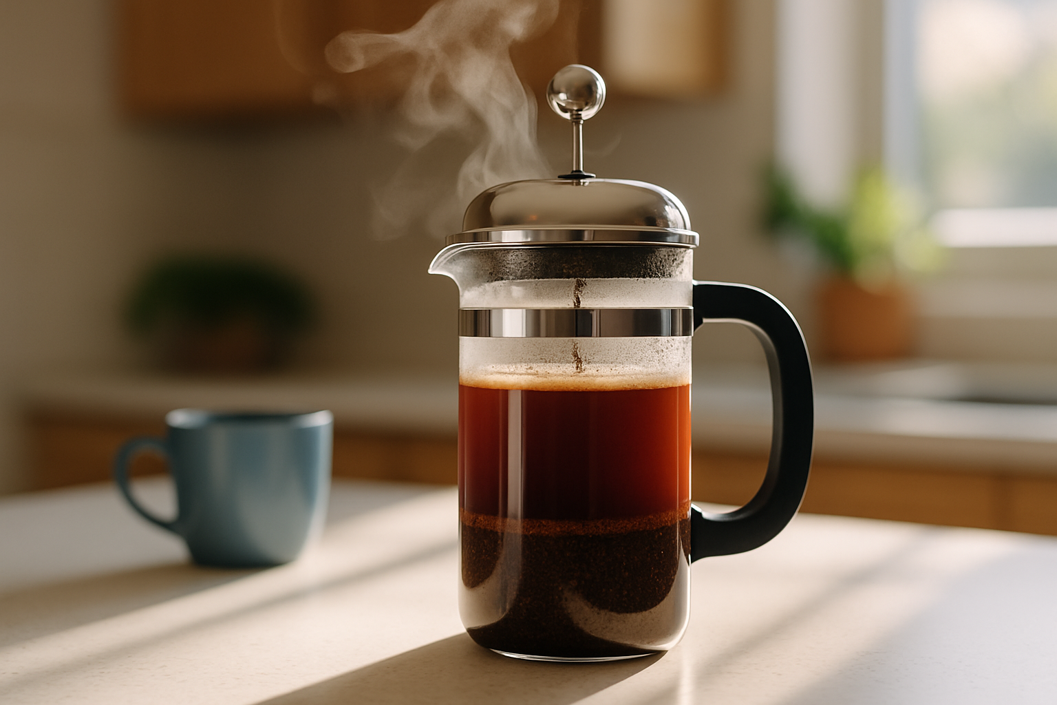 French press showing coarse coffee grounds steeping in hot water, ready to be pressed for a fresh brew