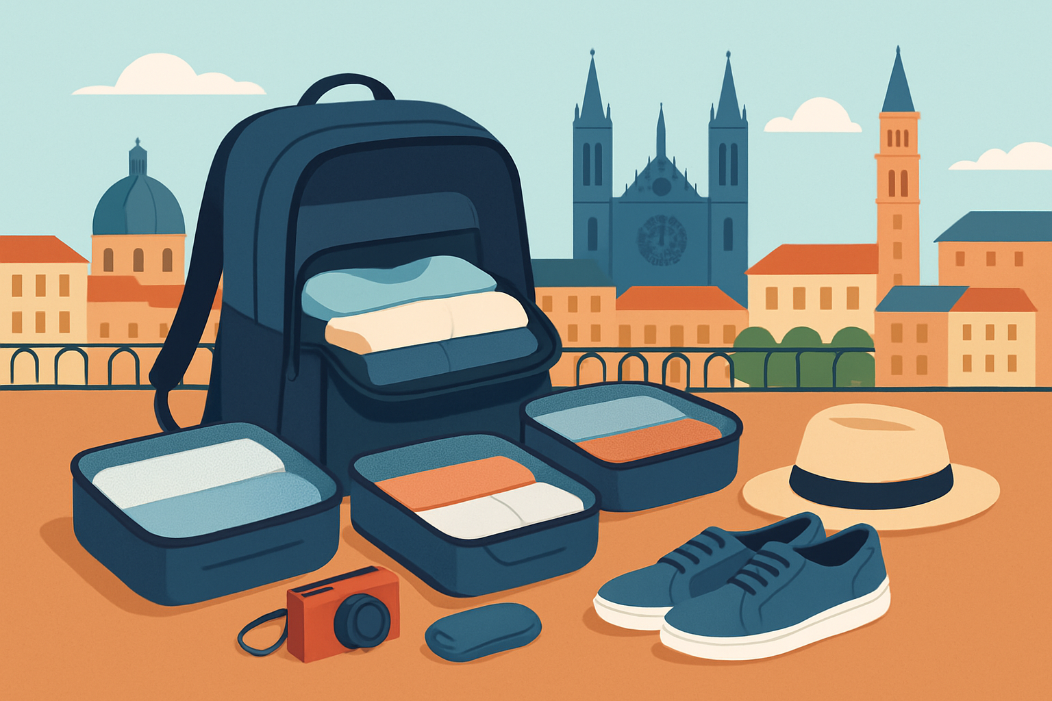 An organized backpack filled with versatile, lightweight clothing and packing cubes ideal for backpacking Europe