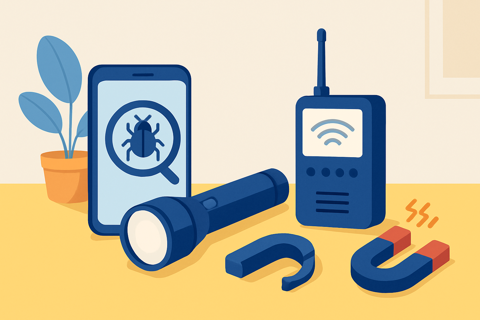 Essential simple tools laid out for detecting bugs in a room, including a smartphone, flashlight, magnet, and RF detector.