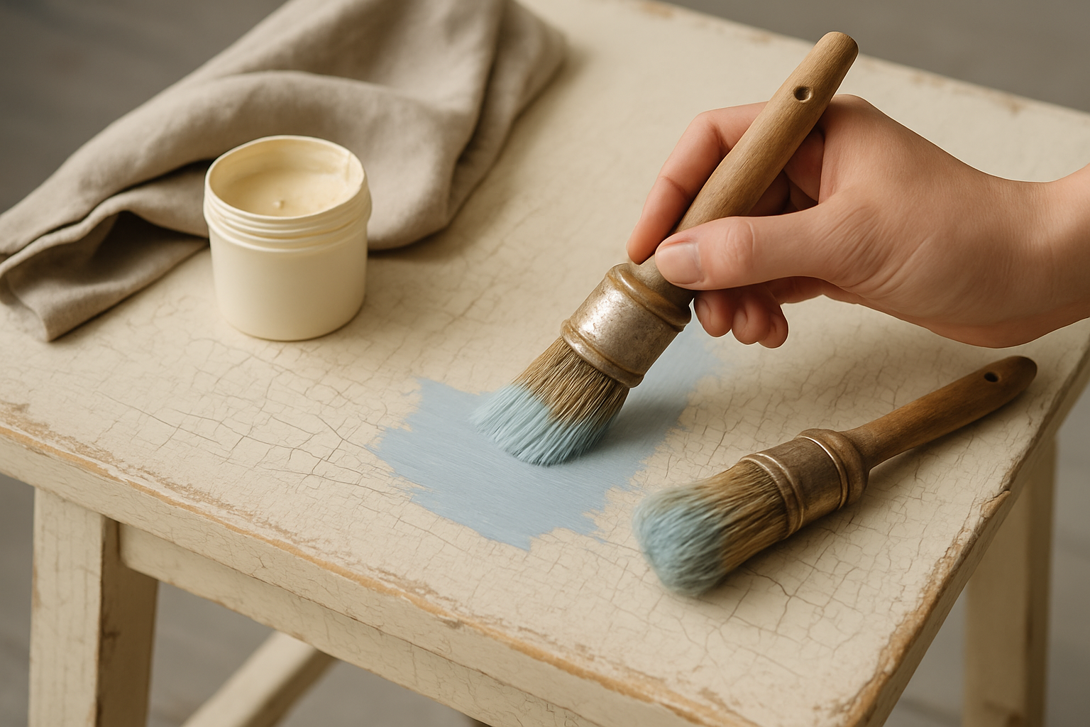A close-up showing the process of applying chalk paint and crackle finish on a rustic wooden table.