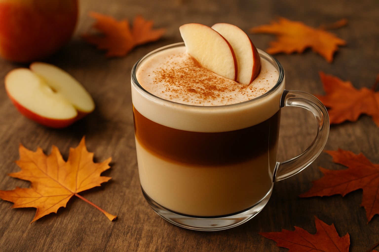 The perfect homemade apple crisp macchiato showcasing distinct layers of apple syrup, espresso, and creamy milk foam, with cinnamon and fresh apple slice garnish.