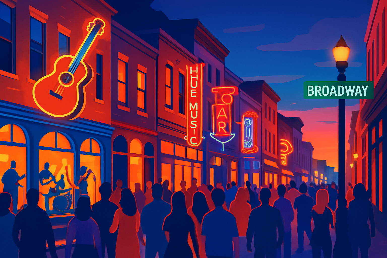 Broadway street in downtown Nashville illuminated at dusk, alive with music venues and bustling crowds