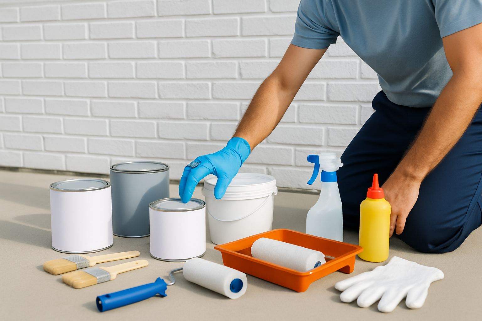 Essential tools and materials laid out for painting bricks white: brushes, rollers, primer, paint, and safety gear.