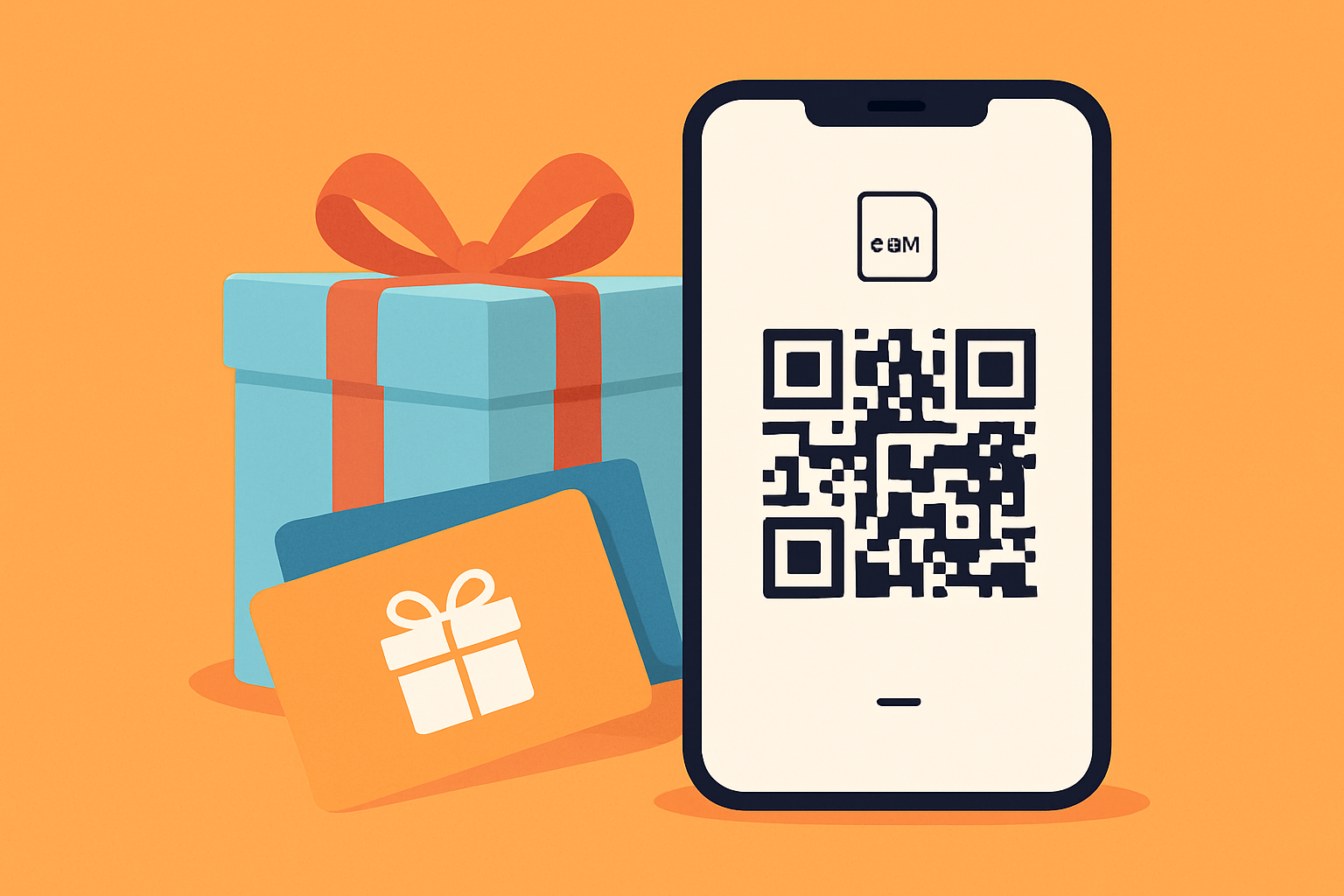 Illustration showing the process and concept of gifting a Nomad eSIM through QR code sharing and digital voucher.