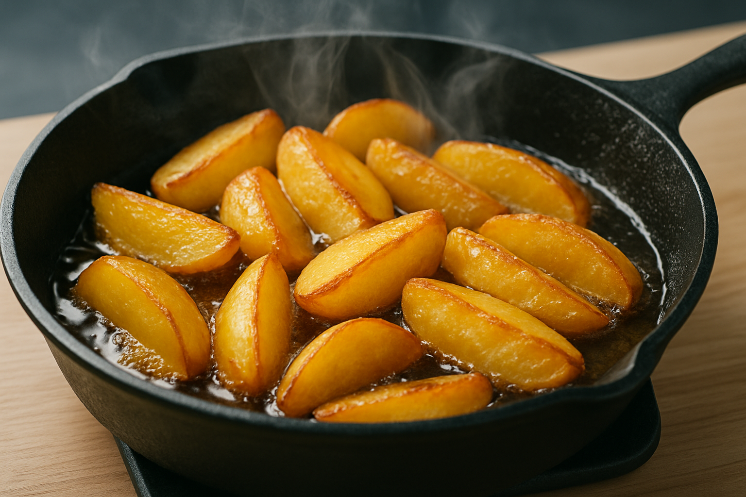 Close-up image of tallow potatoes sizzling in beef tallow within a heavy skillet showcasing the crisp golden texture.