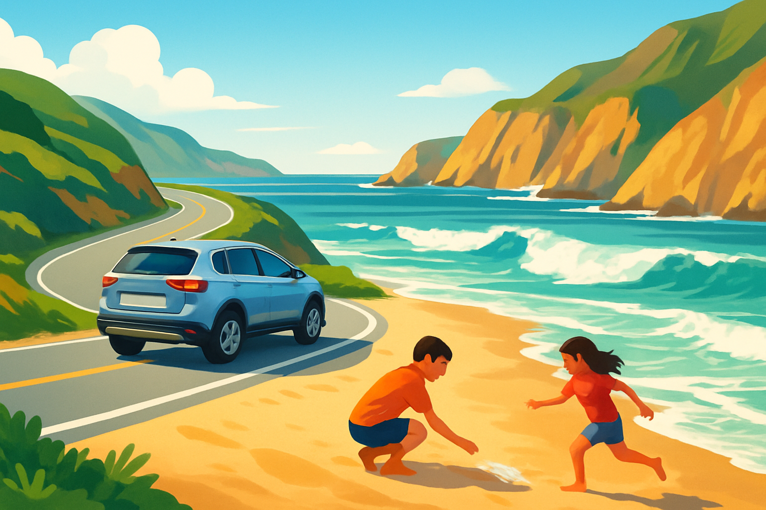 A family car driving along the scenic Pacific Coast Highway with children playing on a sunny beach, showcasing the route