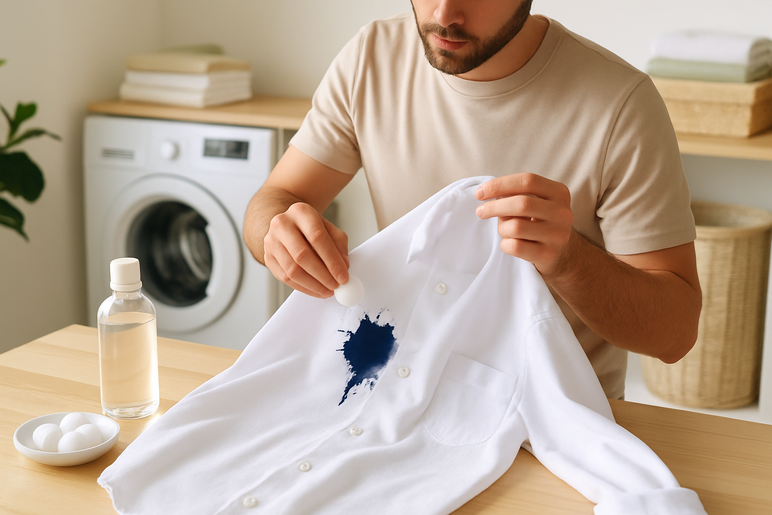 Treating a printer ink stain on fabric using rubbing alcohol and cotton balls as a fast stain removal method.