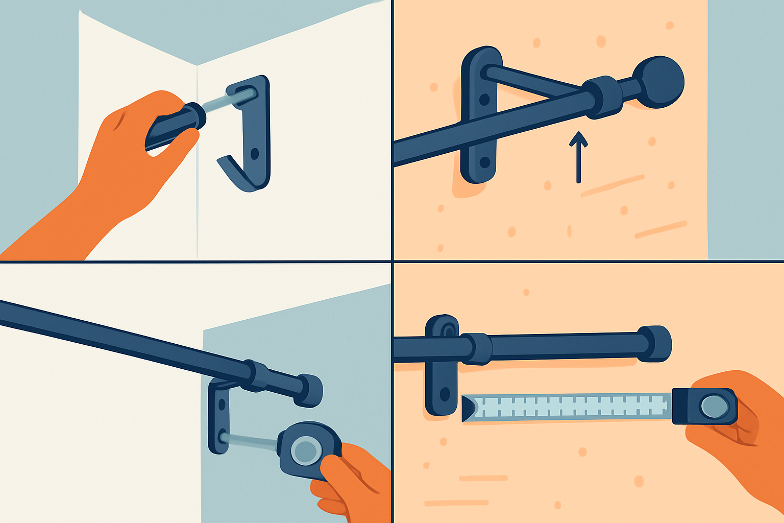 Visual guide on mounting curtain rods with careful bracket placement and measurement for correct length and support.