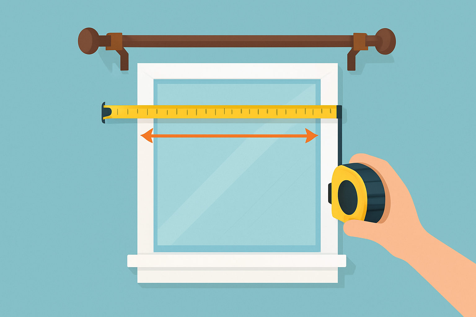 Step-by-step visual guide to measuring window width and deciding curtain rod overhang for perfect rod length.