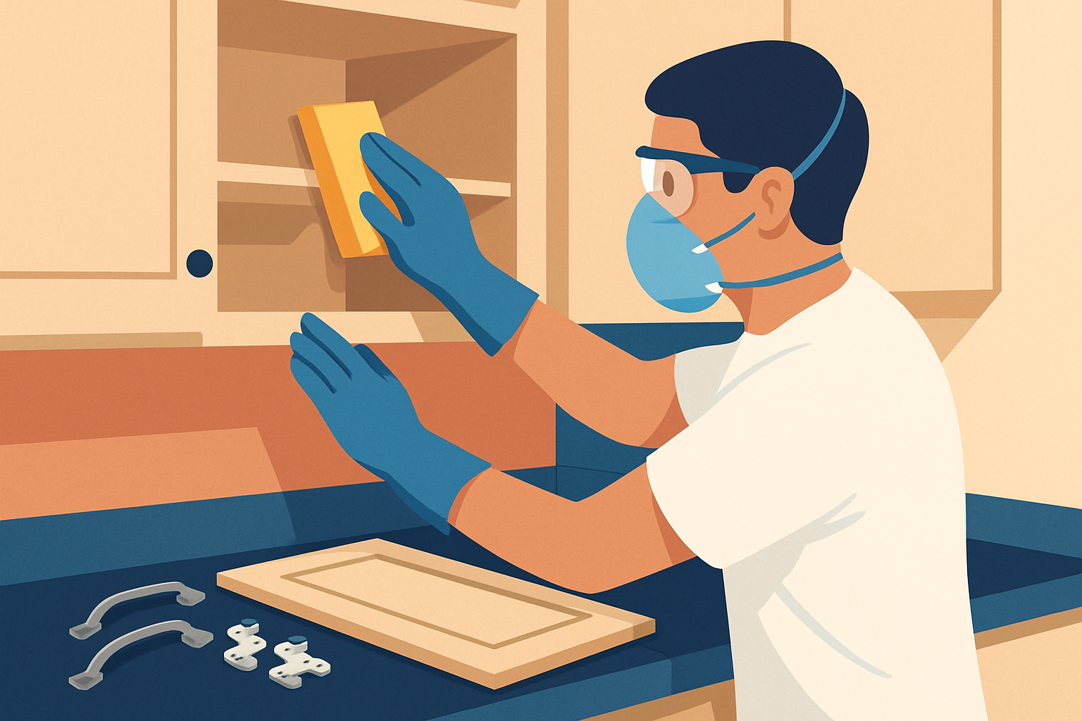 Sanding and preparing the cabinet interior before painting for a smooth finish