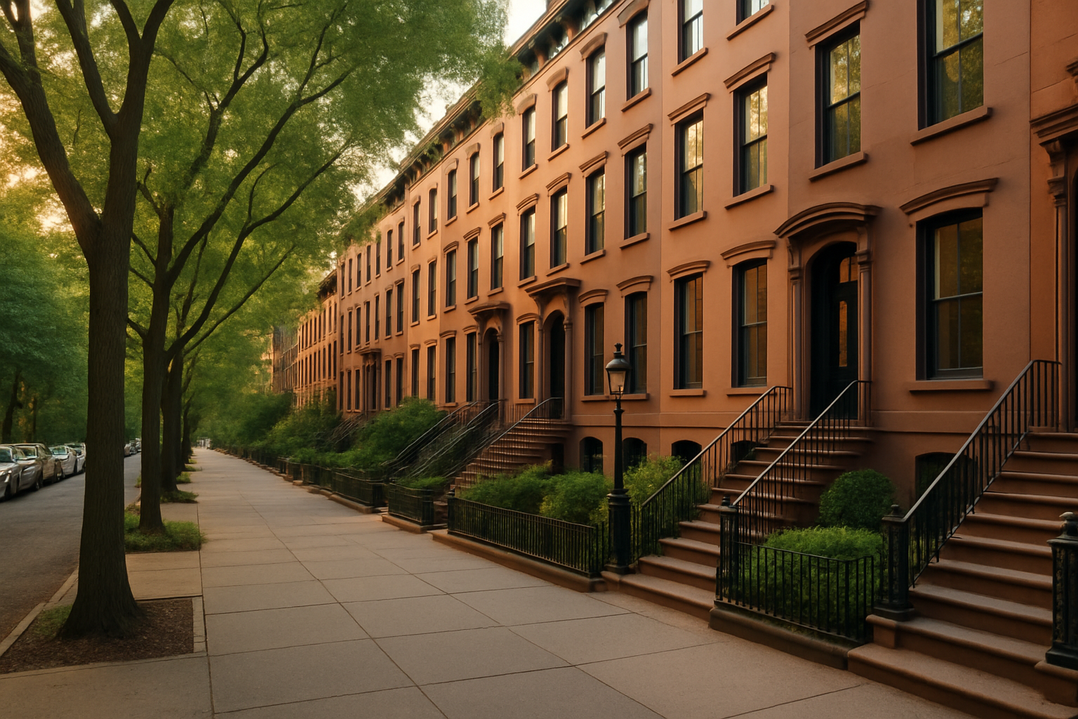 A tranquil, tree-lined residential street in Brooklyn Heights showcasing calm and historic architecture.