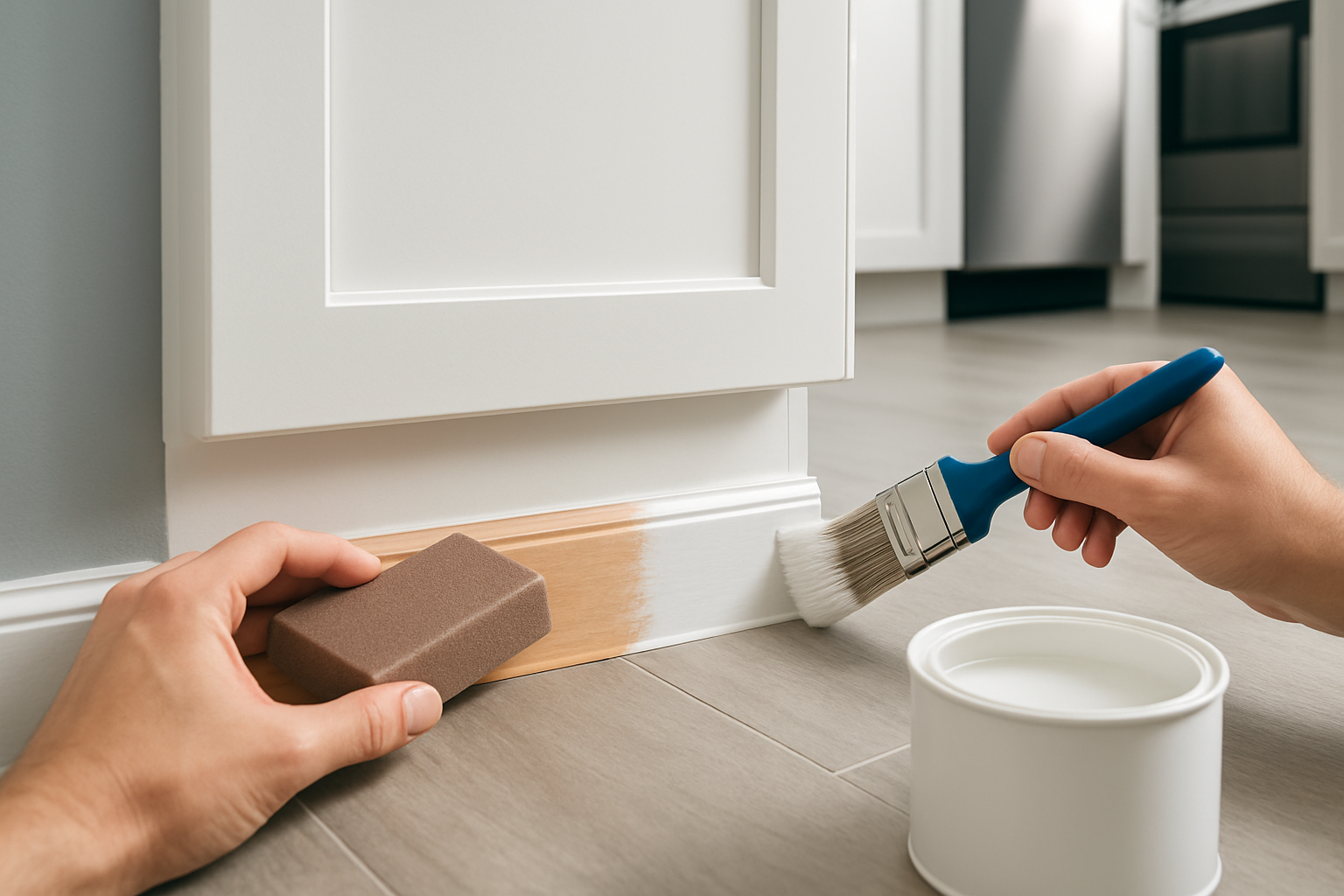 Applying finishing touches on bottom cabinet trim including sanding and painting for a sleek look