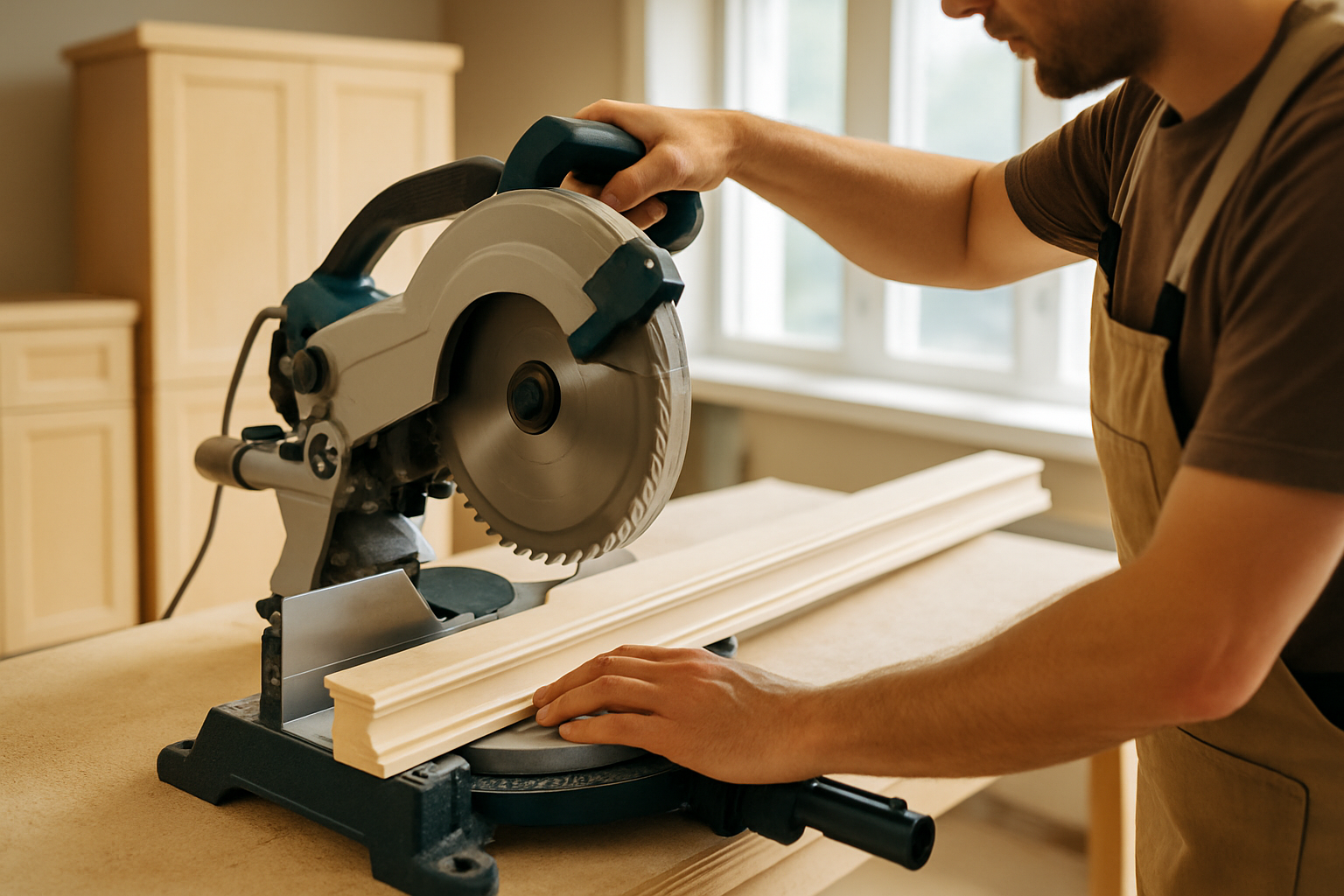 A woodworker carefully cutting bottom cabinet trim using a miter saw for precise angles