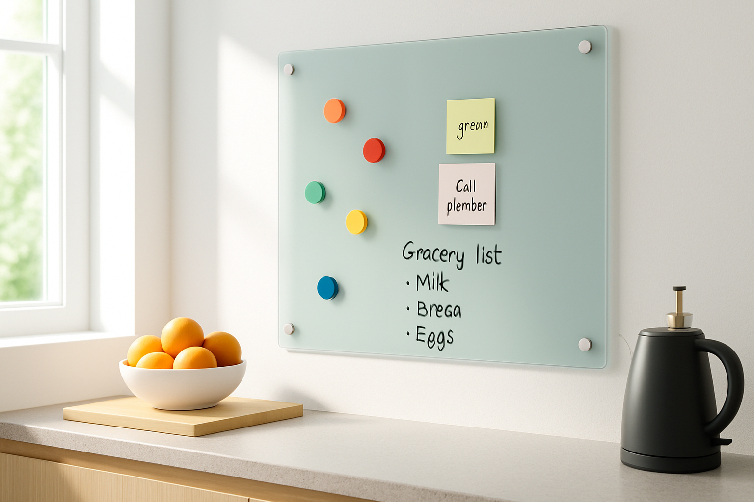 A modern kitchen wall with a stylish glass magnetic wall board displaying colorful magnets and recipe notes.