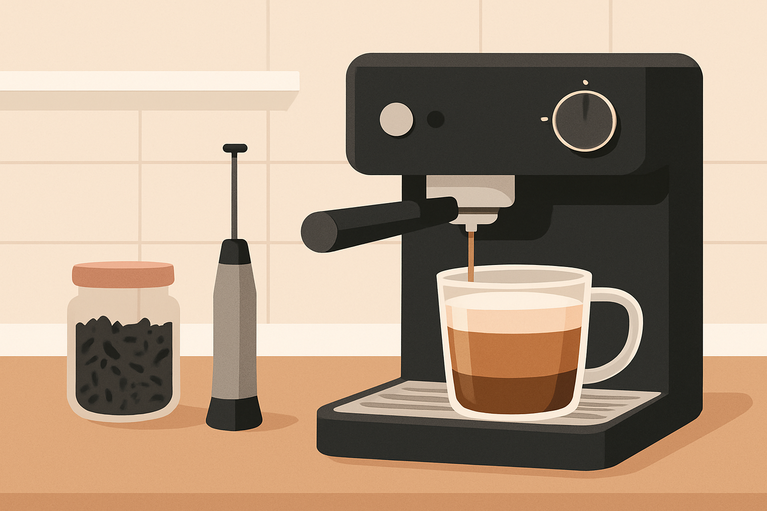 Essential equipment laid out to prepare a dirty chai including espresso machine, chai tea, milk frother, and serving glass.