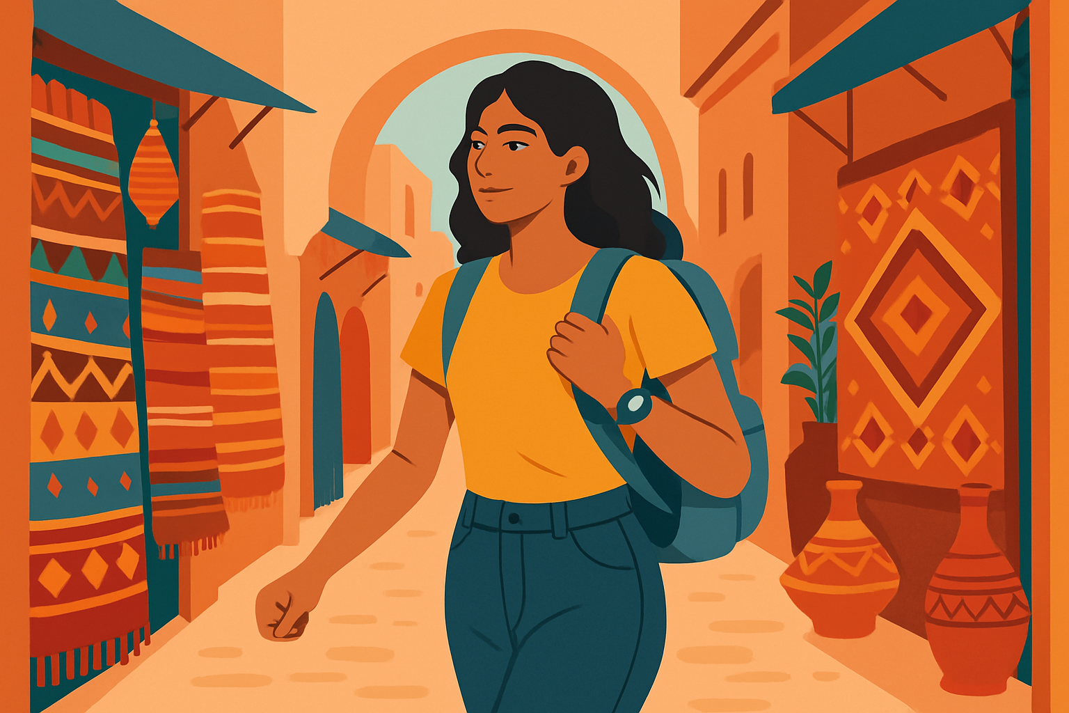 Solo woman traveler confidently navigating a vibrant Moroccan market while staying alert and prepared.