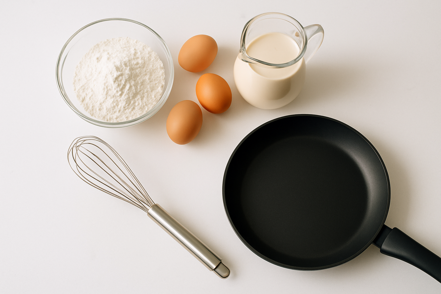 Essential ingredients and equipment ready for making pancakes without milk