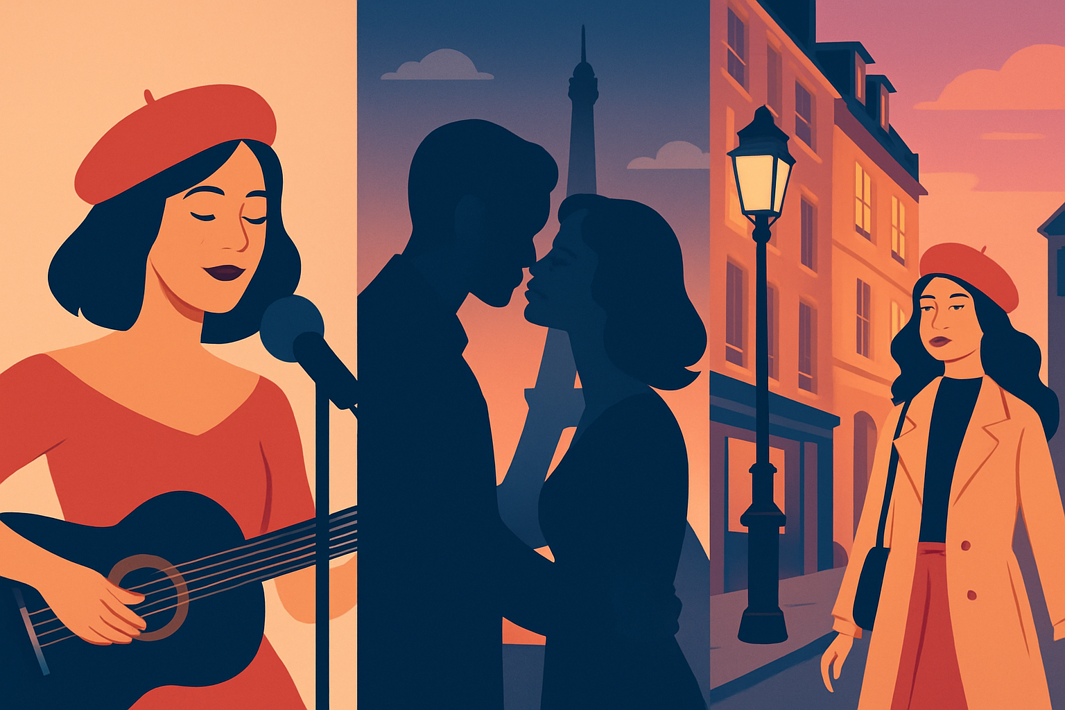 A collage showcasing French love songs, cinema, and fashion highlighting the enduring romantic allure of French culture.