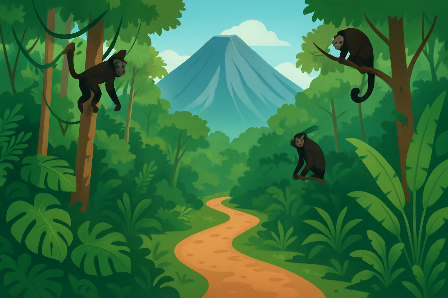 Walking trails around Arenal Volcano with wildlife including howler monkeys amidst lush rainforest.
