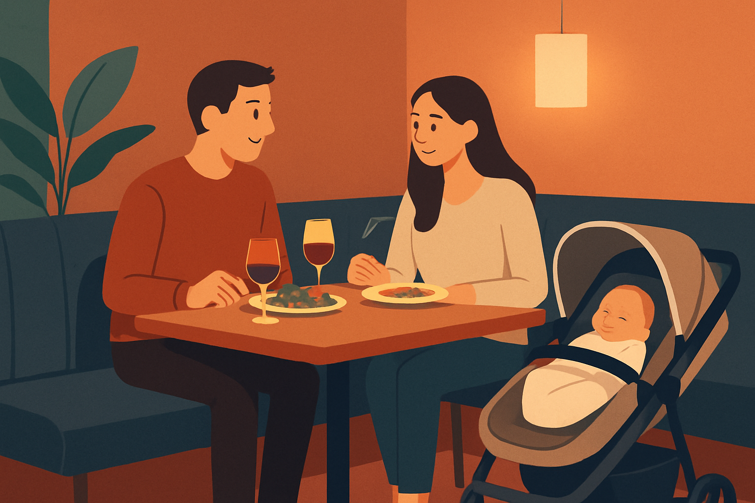 A peaceful restaurant setting featuring new parents dining with a content newborn, highlighting a calm, baby-friendly atmosphere.