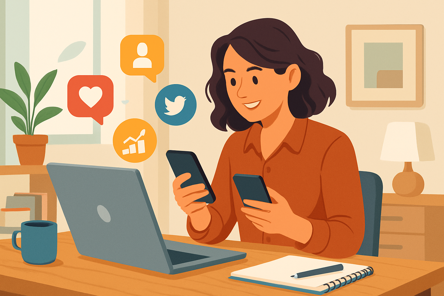 Small business owner using digital marketing tools in a modern, comfortable workspace.