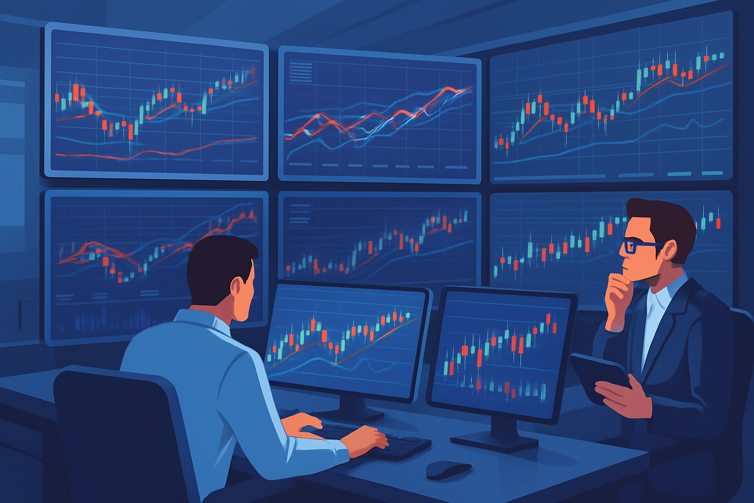 Futures traders utilizing advanced technology for fast execution and low-cost trading in a modern trading environment