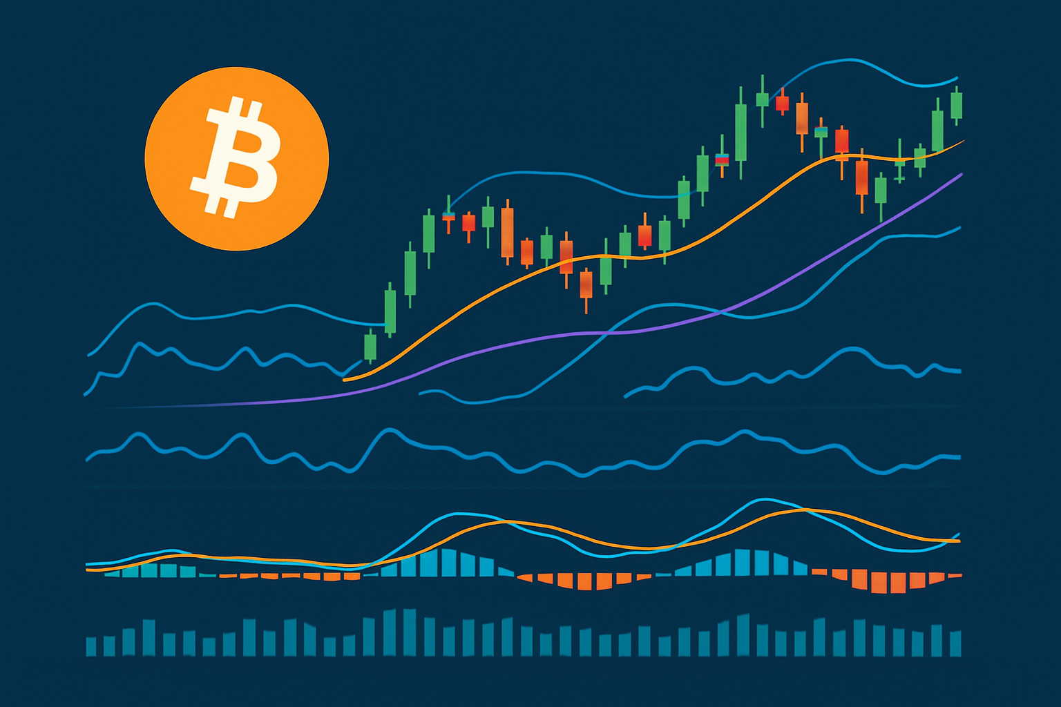 Comprehensive Bitcoin price chart showing various technical indicators and patterns used by professional traders.